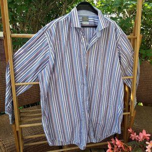 Thomas Dean blue red white stripe patterned dress shirt
